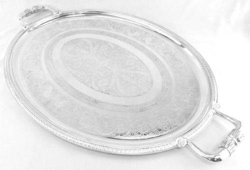 LARGE ENGRAVED CHRISTOFLE MALMAISON SILVERPLATED OVAL SERVING TRAY WITH HANDLES - ADDITIONAL PHOTO 1