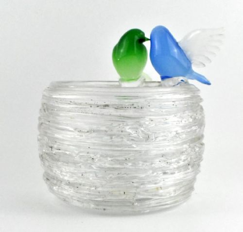 SIGNED MURANO TEXTURED CLEAR NEST BOWL ADORNED WITH GREEN AND BLUE LOVEBIRDS - ADDITIONAL PHOTO 2