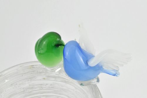 SIGNED MURANO TEXTURED CLEAR NEST BOWL ADORNED WITH GREEN AND BLUE LOVEBIRDS - ADDITIONAL PHOTO 4