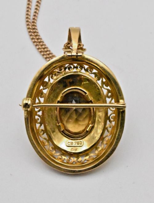 ANTIQUE CARL BUCHERER LARGE OVAL 18CT GOLD YELLOW TOPAZ PENDANT CHAIN SIGNED - ADDITIONAL PHOTO 4