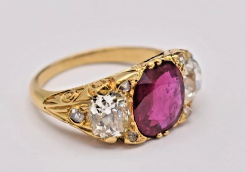 LARGE VICTORIAN 32 CT RUBY 212 CT DIAMOND THREE STONE CARVED HALF HOOP RING - ADDITIONAL PHOTO 1