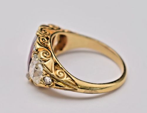 LARGE VICTORIAN 32 CT RUBY 212 CT DIAMOND THREE STONE CARVED HALF HOOP RING - ADDITIONAL PHOTO 3