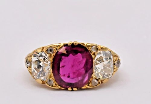 LARGE VICTORIAN 32 CT RUBY 212 CT DIAMOND THREE STONE CARVED HALF HOOP RING - ADDITIONAL PHOTO 5