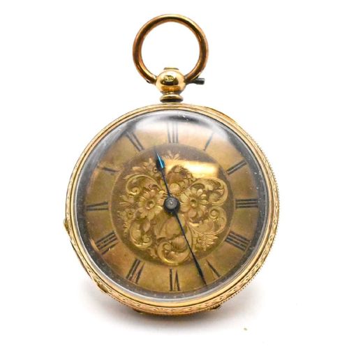J W BENSON 18CT GOLD VICTORIAN FOB WATCH WITH FLORAL ENGRAVING TO FACE AND BACK - ADDITIONAL PHOTO 1