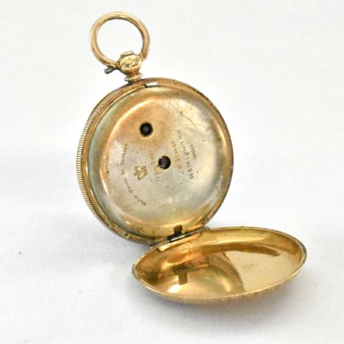 J W BENSON 18CT GOLD VICTORIAN FOB WATCH WITH FLORAL ENGRAVING TO FACE AND BACK - ADDITIONAL PHOTO 3
