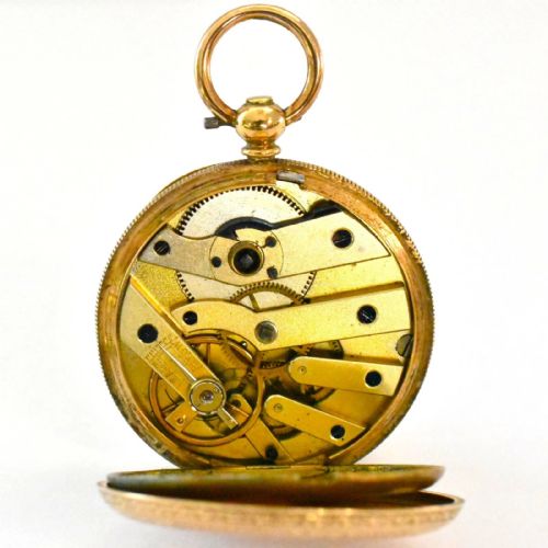 J W BENSON 18CT GOLD VICTORIAN FOB WATCH WITH FLORAL ENGRAVING TO FACE AND BACK - ADDITIONAL PHOTO 4