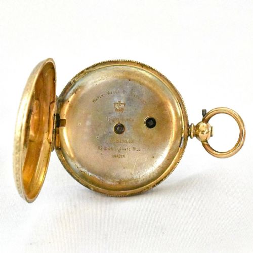 J W BENSON 18CT GOLD VICTORIAN FOB WATCH WITH FLORAL ENGRAVING TO FACE AND BACK - ADDITIONAL PHOTO 5