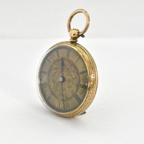 J W BENSON 18CT GOLD VICTORIAN FOB WATCH WITH FLORAL ENGRAVING TO FACE AND BACK - ADDITIONAL PHOTO 9