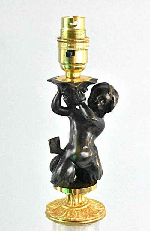 ANTIQUE FRENCH MERMAID TORCH LAMP MYTHICAL BASE ROCK CRYSTAL COLUMN C1900 - ADDITIONAL PHOTO 1