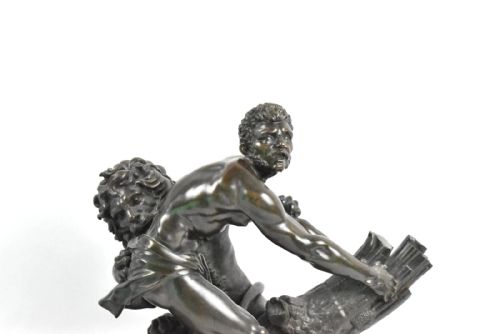 A LARGE ANTIQUE BRONZE SCULPTURE MILO OF CROTON TRAPPED IN THE OAK TREE BY LION - ADDITIONAL PHOTO 1
