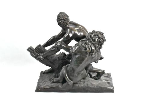 A LARGE ANTIQUE BRONZE SCULPTURE MILO OF CROTON TRAPPED IN THE OAK TREE BY LION - ADDITIONAL PHOTO 7