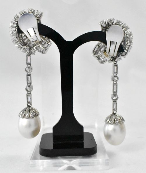 ANTIQUE CIRCA 1920S ART DECO PLATINUM 10 CARAT DIAMONDS PEARL DROP EARRINGS - ADDITIONAL PHOTO 3