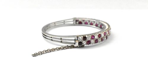 FRENCH BELLE POQUE 18CT WHITE GOLD 3 CT DIAMOND 45 CT RUBY BANGLE CA 1900 - ADDITIONAL PHOTO 1