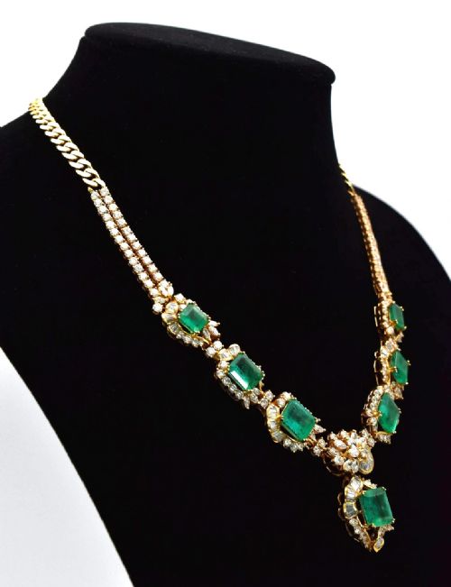 18KT YELLOW GOLD SET FINE COLUMBIAN EMERALD DIAMOND DROP NECKCHAIN - ADDITIONAL PHOTO 1