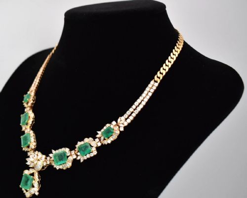 18KT YELLOW GOLD SET FINE COLUMBIAN EMERALD DIAMOND DROP NECKCHAIN - ADDITIONAL PHOTO 2