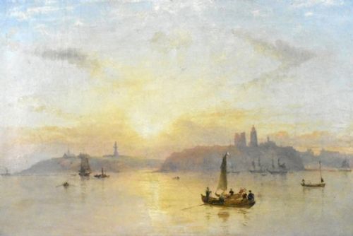 ELEGANT FRAMED WATERSCAPE PAINTING SERENE SUNSET WITH BOATS AND CITY SILHOUETT - ADDITIONAL PHOTO 1