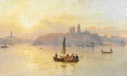 ELEGANT FRAMED WATERSCAPE PAINTING SERENE SUNSET WITH BOATS AND CITY SILHOUETT - ADDITIONAL PHOTO 2