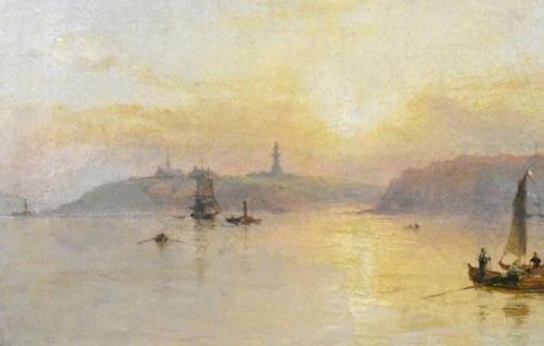 ELEGANT FRAMED WATERSCAPE PAINTING SERENE SUNSET WITH BOATS AND CITY SILHOUETT - ADDITIONAL PHOTO 3