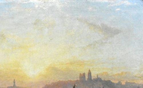 ELEGANT FRAMED WATERSCAPE PAINTING SERENE SUNSET WITH BOATS AND CITY SILHOUETT - ADDITIONAL PHOTO 4