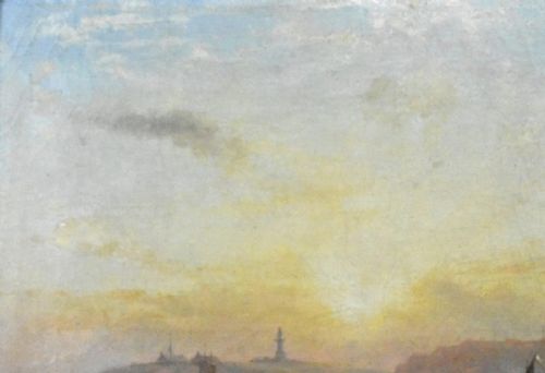 ELEGANT FRAMED WATERSCAPE PAINTING SERENE SUNSET WITH BOATS AND CITY SILHOUETT - ADDITIONAL PHOTO 5