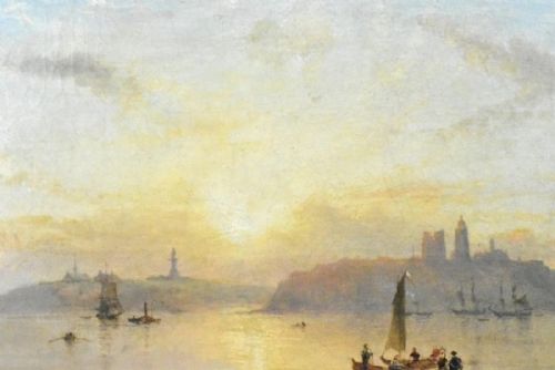ELEGANT FRAMED WATERSCAPE PAINTING SERENE SUNSET WITH BOATS AND CITY SILHOUETT - ADDITIONAL PHOTO 6