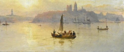 ELEGANT FRAMED WATERSCAPE PAINTING SERENE SUNSET WITH BOATS AND CITY SILHOUETT - ADDITIONAL PHOTO 7