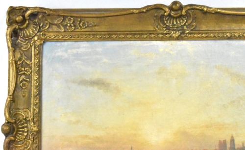 ELEGANT FRAMED WATERSCAPE PAINTING SERENE SUNSET WITH BOATS AND CITY SILHOUETT - ADDITIONAL PHOTO 8