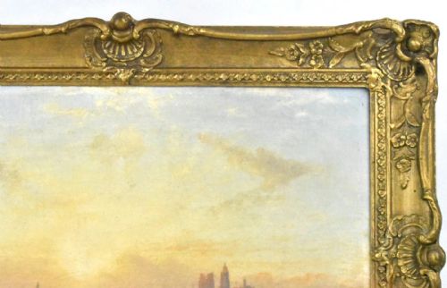 ELEGANT FRAMED WATERSCAPE PAINTING SERENE SUNSET WITH BOATS AND CITY SILHOUETT - ADDITIONAL PHOTO 9