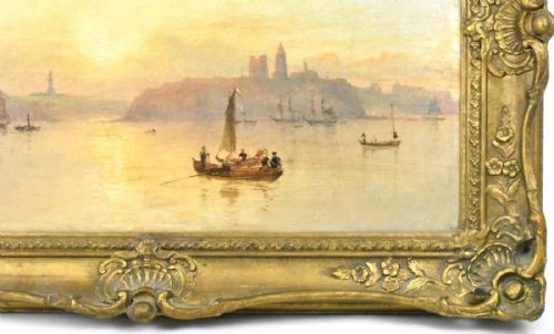 ELEGANT FRAMED WATERSCAPE PAINTING SERENE SUNSET WITH BOATS AND CITY SILHOUETT - ADDITIONAL PHOTO 10