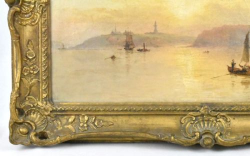 ELEGANT FRAMED WATERSCAPE PAINTING SERENE SUNSET WITH BOATS AND CITY SILHOUETT - ADDITIONAL PHOTO 11