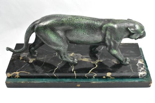 ART DECO BRONZE PANTHER SCULPTURE ON MARBLE BASE ANIMALIER STYLE C1920'S - ADDITIONAL PHOTO 7