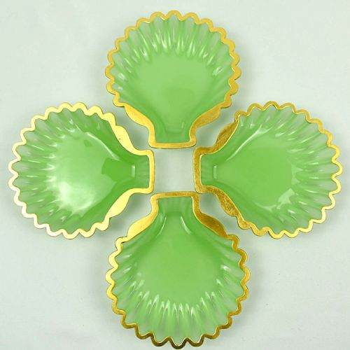SET OF 10 ANTIQUE FRENCH GREEN OPALINE GLASS SCALLOP SHELLS DISHES W GILT EDGE - ADDITIONAL PHOTO 1