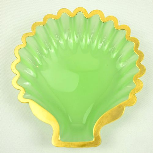 SET OF 10 ANTIQUE FRENCH GREEN OPALINE GLASS SCALLOP SHELLS DISHES W GILT EDGE - ADDITIONAL PHOTO 7