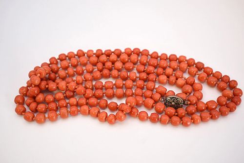 ANTIQUE SINGLE STRANDED BEADED SALMON CORAL NECKLACE WITH SILVER CLASP 51 - ADDITIONAL PHOTO 1