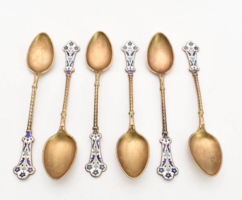 CASED HARRODS LONDON SET OF 6 DAVID ANDERSEN SILVER ENAMEL SPOONS NORWAY CA 1900 - ADDITIONAL PHOTO 1