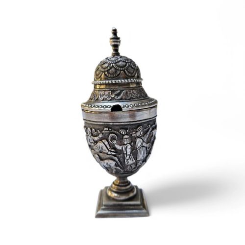 ANTIQUE INDIAN COLONIAL SILVER BETEL NUT CONTAINER INTRICATELY EMBOSSED FOLKLO - ADDITIONAL PHOTO 1
