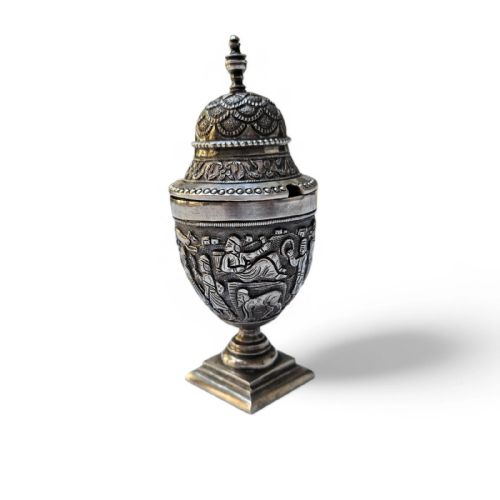 ANTIQUE INDIAN COLONIAL SILVER BETEL NUT CONTAINER INTRICATELY EMBOSSED FOLKLO - ADDITIONAL PHOTO 2