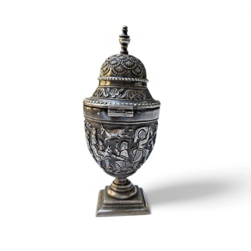 ANTIQUE INDIAN COLONIAL SILVER BETEL NUT CONTAINER INTRICATELY EMBOSSED FOLKLO - ADDITIONAL PHOTO 4