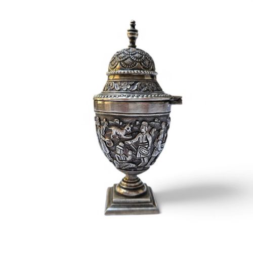 ANTIQUE INDIAN COLONIAL SILVER BETEL NUT CONTAINER INTRICATELY EMBOSSED FOLKLO - ADDITIONAL PHOTO 6