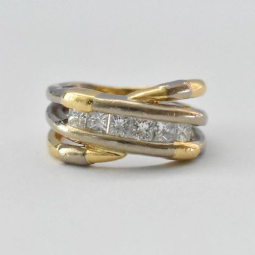 VINTAGE YELLOW WHITE 18CT GOLD 6 STONE SQUARE CUT DIAMOND CROSSOVER RING - ADDITIONAL PHOTO 5