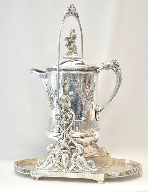 A HUGE ELABORATE ENGRAVED EMBOSSED WITH FIGURINES TILTING PITCHER WITH STAND - ADDITIONAL PHOTO 5