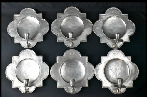 SET OF SIX VINTAGE PEWTER QUATREFOIL CROSS IN SQUARE WALL SCONCE CANDLE HOLDERS - ADDITIONAL PHOTO 4
