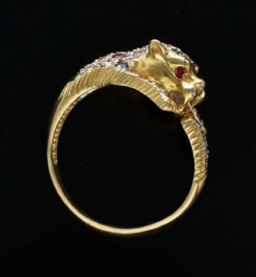 Vintage 18ct Solid Gold Multi Gem And Diamond Panther Leopard Ring