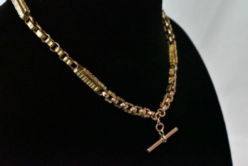 ANTIQUE VICTORIAN 9CT ROSE GOLD STARS BARS ALBERT POCKET WATCH CHAIN T BAR - ADDITIONAL PHOTO 2