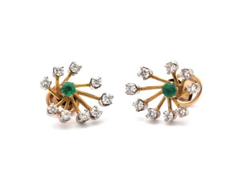 MID CENTURY MODERN 18CT YELLOW GOLD EMERALD 135CT DIAMOND CLUSTER STUD EARRINGS - ADDITIONAL PHOTO 4