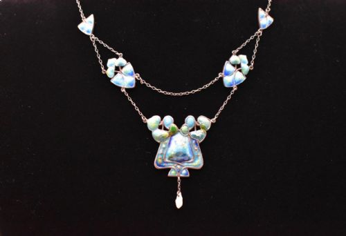 ANTIQUE ARTS CRAFTS SILVER ENAMEL PENDANT NECKLACE PEARL DROP - ADDITIONAL PHOTO 1