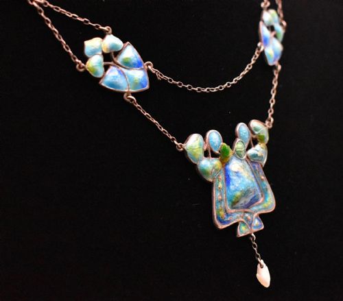 ANTIQUE ARTS CRAFTS SILVER ENAMEL PENDANT NECKLACE PEARL DROP - ADDITIONAL PHOTO 2