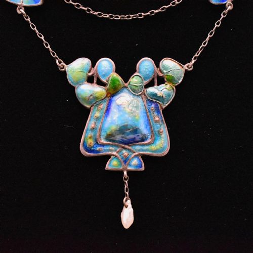 ANTIQUE ARTS CRAFTS SILVER ENAMEL PENDANT NECKLACE PEARL DROP - ADDITIONAL PHOTO 3