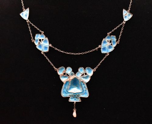 ANTIQUE ARTS CRAFTS SILVER ENAMEL PENDANT NECKLACE PEARL DROP - ADDITIONAL PHOTO 4