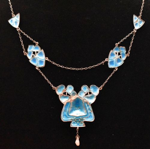 ANTIQUE ARTS CRAFTS SILVER ENAMEL PENDANT NECKLACE PEARL DROP - ADDITIONAL PHOTO 5